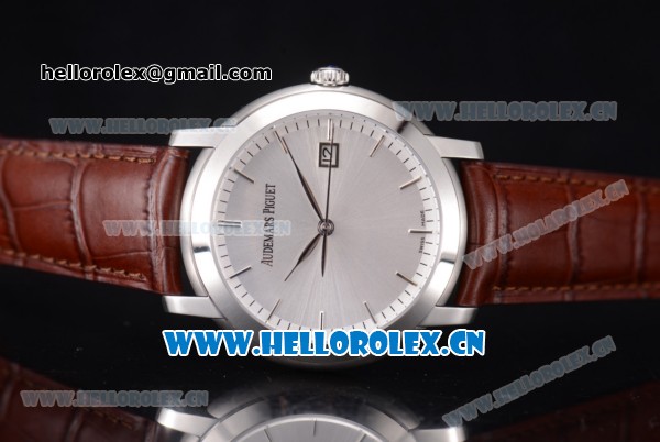 Audemars Piguet Jules Audemars Clone AP Calibre 3120 Automatic Steel Case with Silver Dial Stick Markers and Brown Leather Strap - 1:1 Original (EF) - Click Image to Close